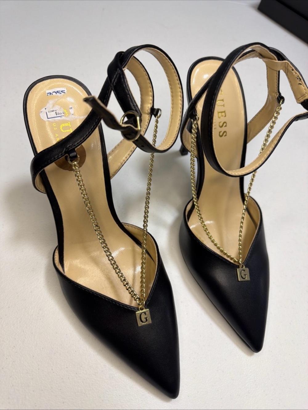 GUESS Women Black & Gold Chain Ankle Strap Stiletto Heels Size 8